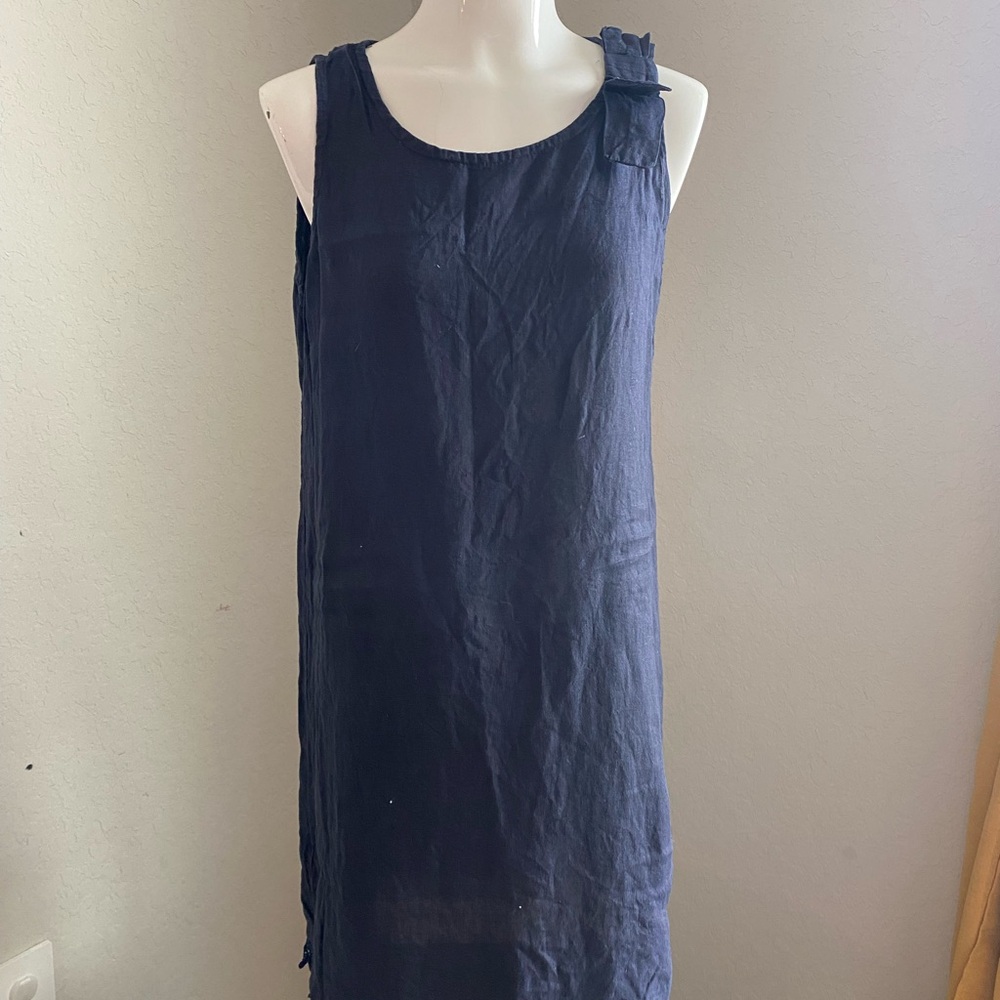 Bellambra Italian Linen Navy Dress Womens medium natural dainty bow